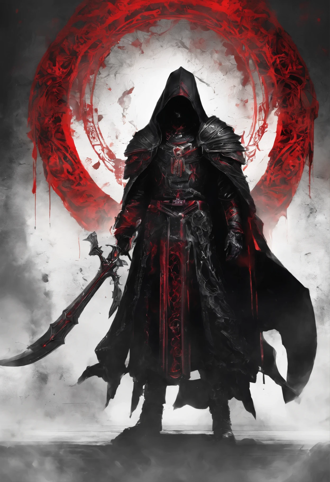 Priest Warrior, his two hands are holding two great dark blades that scrap the floor, full body, 2 red lights are coming from his eyes, dark fantasy style, Clothes and armor dyed in black, with a hood that's masking his face,