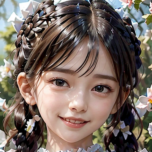 highest quality, ultra nothing, realistic, Photo of one beautiful woman, detailed face, black dutch braid with a twist, (detailed porcelain dolls,Delicate clothes with lots of frills and ribbons), Mansion Pool, (close up face), fascinating look, looking at the viewer, happy smile, Bright lighting, 10 years old