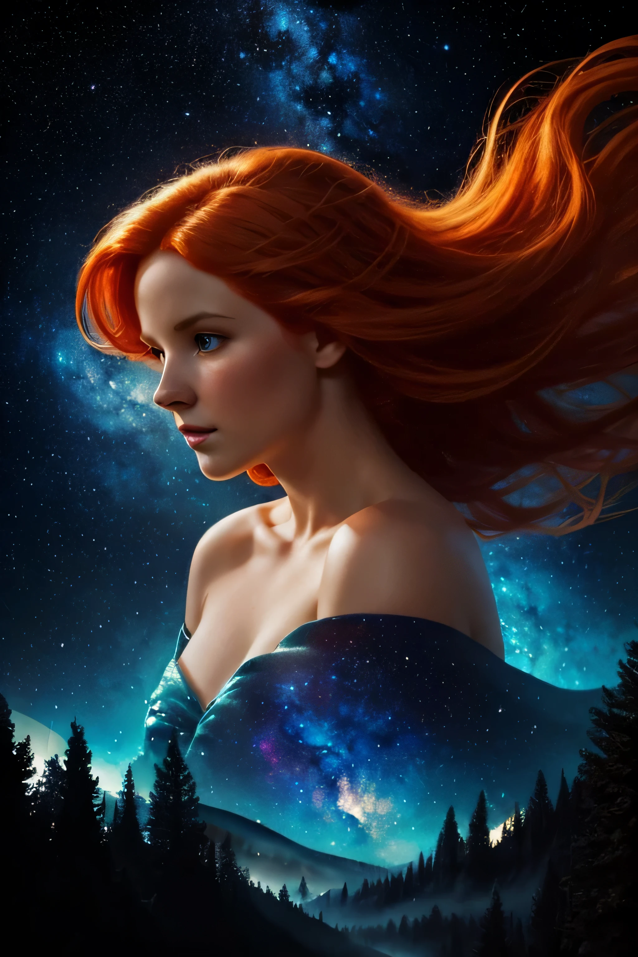 Digital painting by MSchiffer of a female orange-haired Goddess, her physical body is transforming into smoke, naked, perfectly detailed delicate face, soft features, the environment is the heart of a heavenly forest with trees and vines made out of nebulas and stars, in a classical style, celestial and cosmic, bold colors, soft billowing smoke, glowy cosmic flowers, billowing, cinematic lights, fantasy art, surreal, high contrast, HDR+, bokeh effect, cosmic, cosmos, nebula