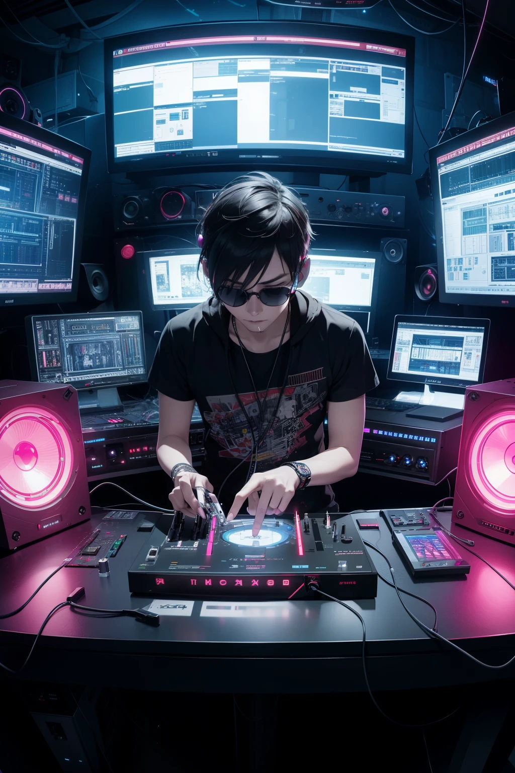 masterpiece, top quality, 4K,
ToxicPunkAI DJ Controller machine in a studious setting,
detailed, intricate design,
neon lights illuminating the room,
multiple studio monitors displaying various sound waves,
synthsizers and mixing panels adorned with wires and buttons,
the machine's metallic surface reflecting the soft glow of the lights,
solo performance,
an artist wearing punk-inspired attire and shades controlling the machine,
focused expression, intense concentration on the task at hand,
wires and cords connecting the different components of the setup,
the ambient sound of the music being created filling