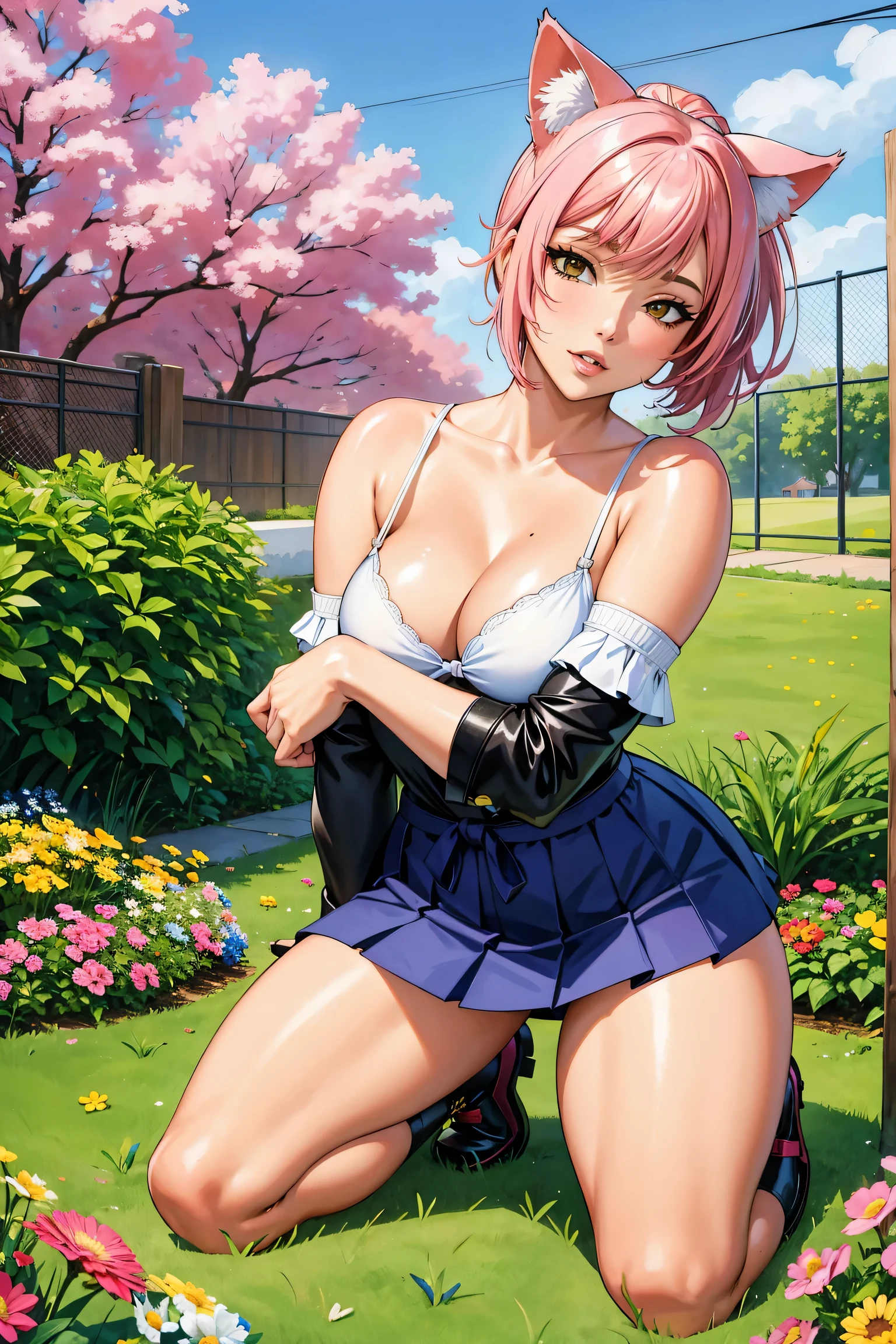 pink hair, ponytail, short hair, cat ears, cat tail,  outfit, tied top, cleavage, kneeling, in garden, flowers, fence, looking at viewer, thick thighs, (masterpiece), (best quality:1.2), absurdres, intricate details, (highly detailed skin:1.2),