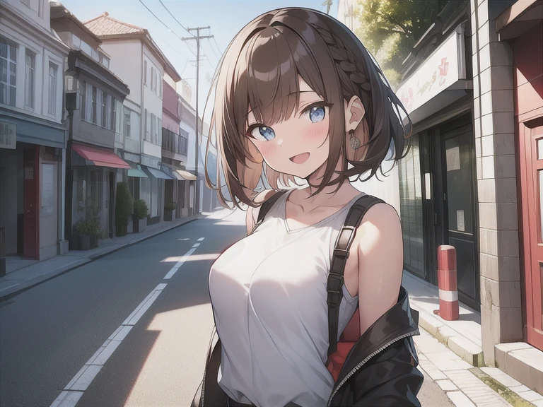 masutepiece, Best Quality, Illustration, Wallpaper, Ultra Detail, 1girl in, Solo, Beautiful detailed eyes,Very thick contour lines, Medium Short-Cut Hair, Short, Braided hair, wear student clothes, Brown hair color、Open mouth and big smile, Angle from which you can see the whole body, small head, ample breasts, in the street, walking