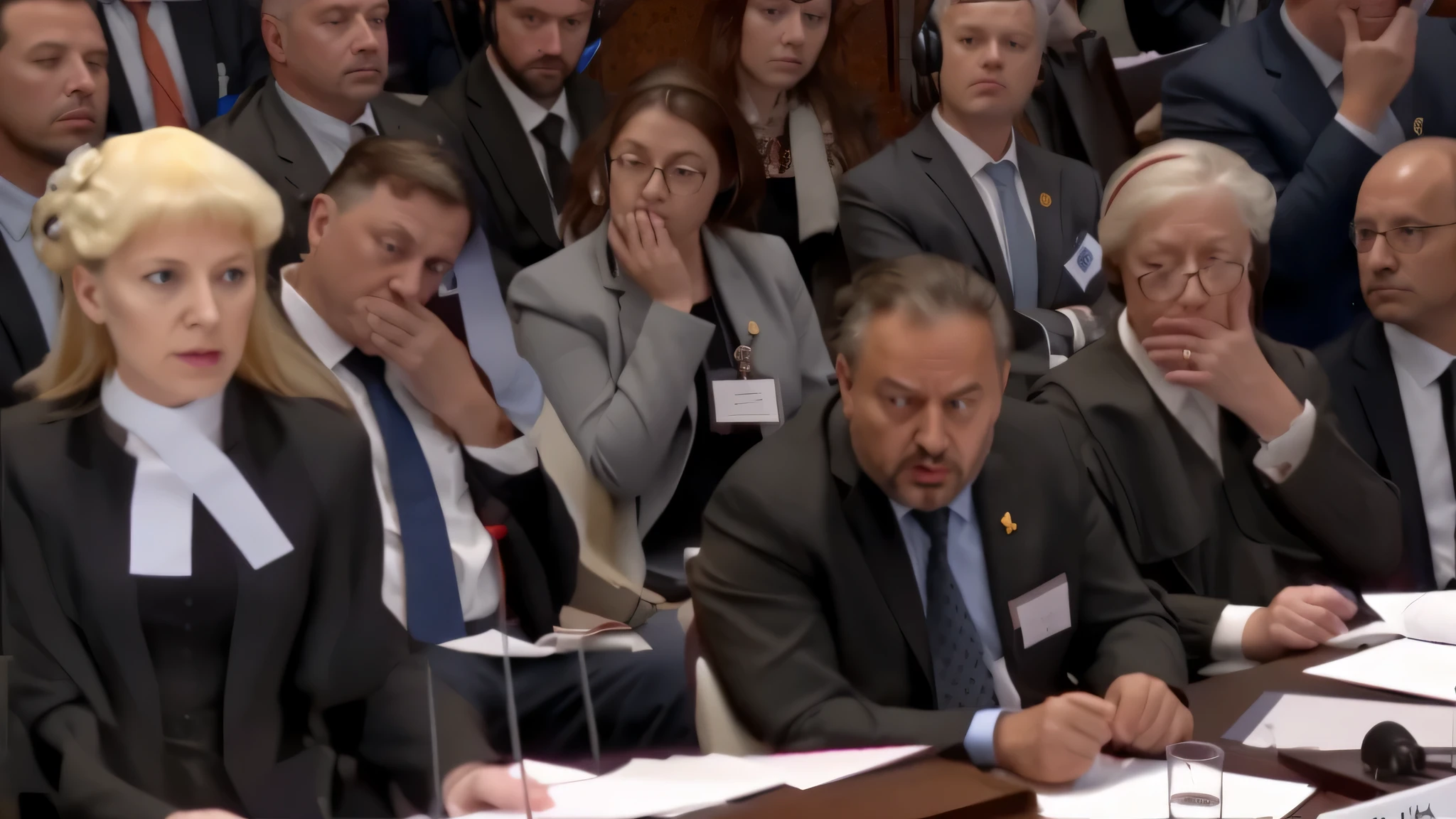 several people sitting at a table with microphones and papers, audience in the background, sitting at the parlament meeting, they are very serious, looking to his left, serious focussed look, subtitles, zelensky having a tantrum, concerned expression, looking distracted and awkward, interesting background, youtube thumbnail, serious expression, jury, very powerful