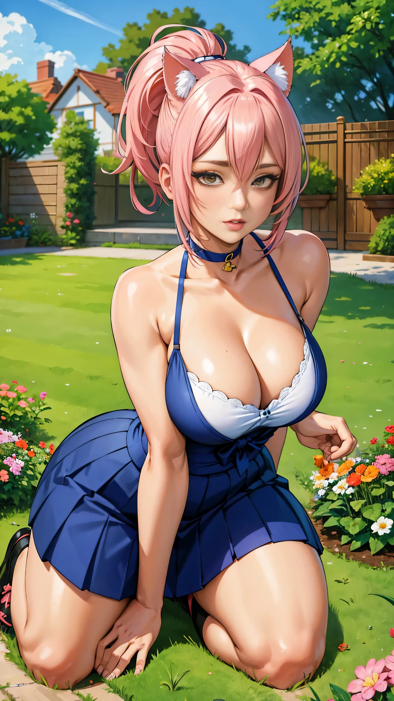 pink hair, ponytail, short hair, cat ears, cat tail, outfit, tied top, cleavage, kneeling, in garden, flowers, fence, looking at viewer, thick thighs, (masterpiece), (best quality:1.2), absurdres, intricate details, (highly detailed skin:1.2),