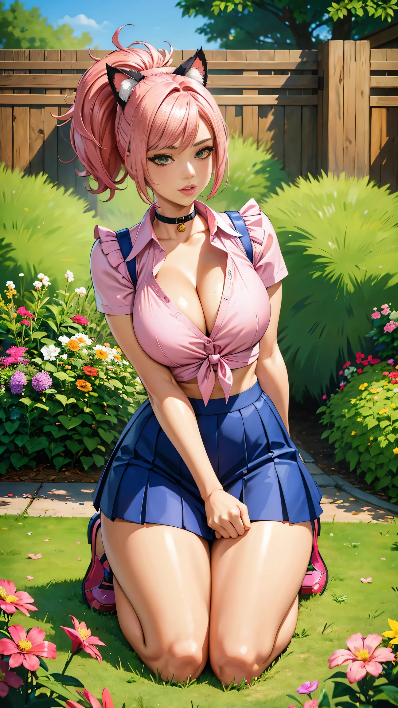 pink hair, ponytail, short hair, cat ears, cat tail, outfit, tied top, cleavage, kneeling, in garden, flowers, fence, looking at viewer, thick thighs, (masterpiece), (best quality:1.2), absurdres, intricate details, (highly detailed skin:1.2),
