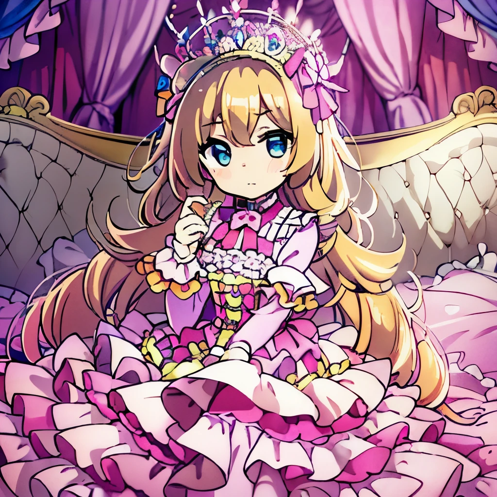 ((((Super high quality)))),highest quality, masterpiece, highest resolution, artwork, super それにget used to it, many get used to it, get used to it, それにget used to it,(young face),(cute little face),(pretty girl),(10 years old),((white skin)),((blonde)),((blue eyes)),the girl is a princess,((girly dark pink satin fabric)), ((Victorian ball gown princess dress with plenty of pink ruffles and bows and a voluminous full-length hoop skirt.)),long sleeve,long dress,A dress with lots of frills and ribbons...,wears a tiara on her head,luxury, ((Palace bedroom)), ((Huge luxury victorian canopy king size pink bed)), lots of frilly pillows,ruffle bed skirt,sitting on the bed,Super high quality beautiful girl,high quality dresses,high quality bed,super detailed background,facial details, arm details,finger details,((((unity 8k wallpaper)))),The entire bed is reflected,