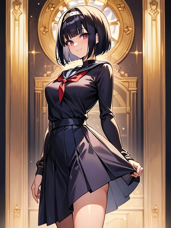 (masterpiece),(highest quality),(very detailed),(enlightenment),(ultra high resolution), black hair, Anime adult woman wearing a sailor suit, navy blue sailor uniform, anime style, 2D rendering of an anime adult woman, realistic young anime adult woman, Smooth anime CG art, headband, smile, purple eyes, small breasts, tall, Straight hair, short bob cut,long skirt, slanted eyes, The background is school, The length of the skirt is long, Sailor suit is long,