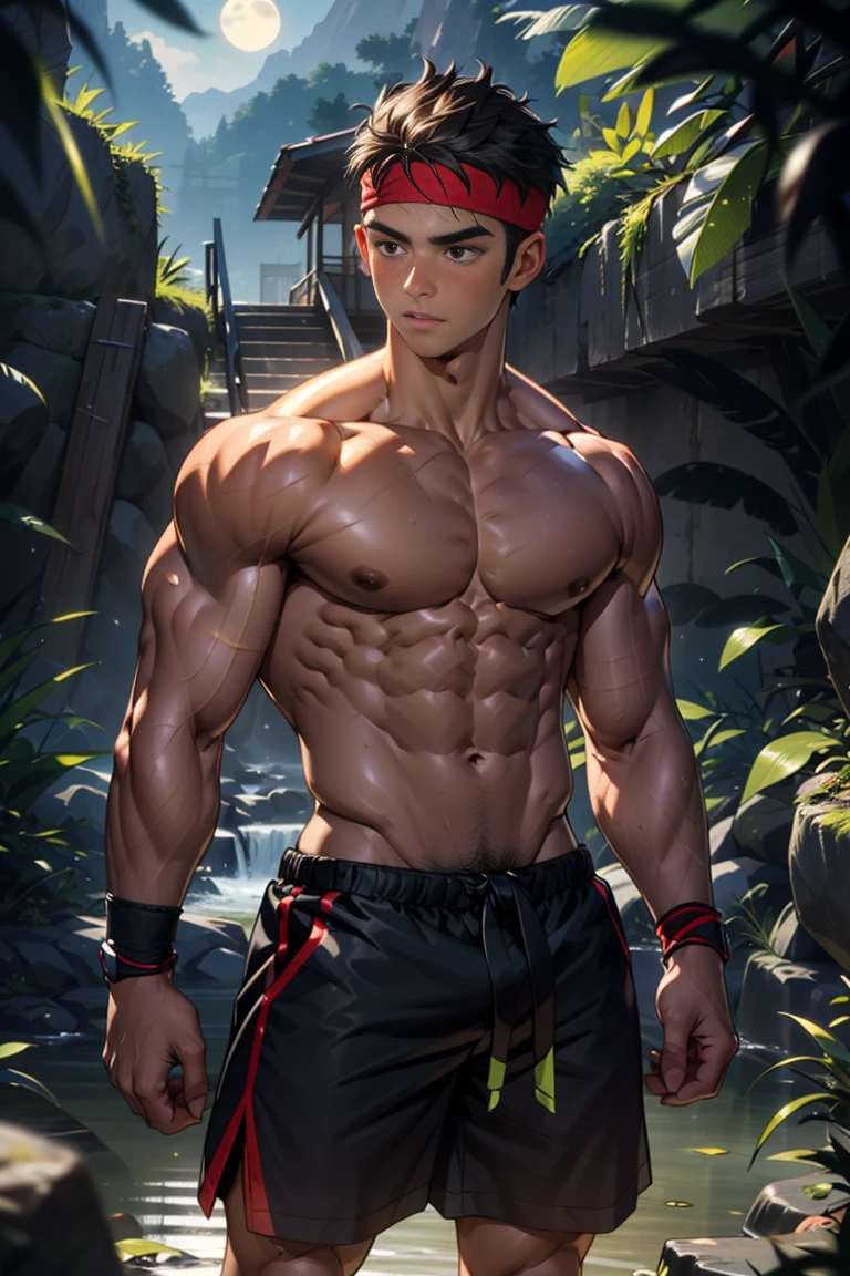 (Masterpiece, Best quality, 18 year old boy, 8k, ultra-detailed), (underneath, looking away, upper body, warm eyes, thin lips), 1 boy, solo, Young, (teenager), (Dark Short straight hair, under cut), black eyes, full bodyesbian, (Shirtless), topless, (Green headband), sandals, (Black shorts with loincloth), (Depth of field:1.2), (Abs), (chest), (upper arms), black wristband, (topless male), man with martial arts stance, athretic body, action pose, inside caves, (foggy, night)