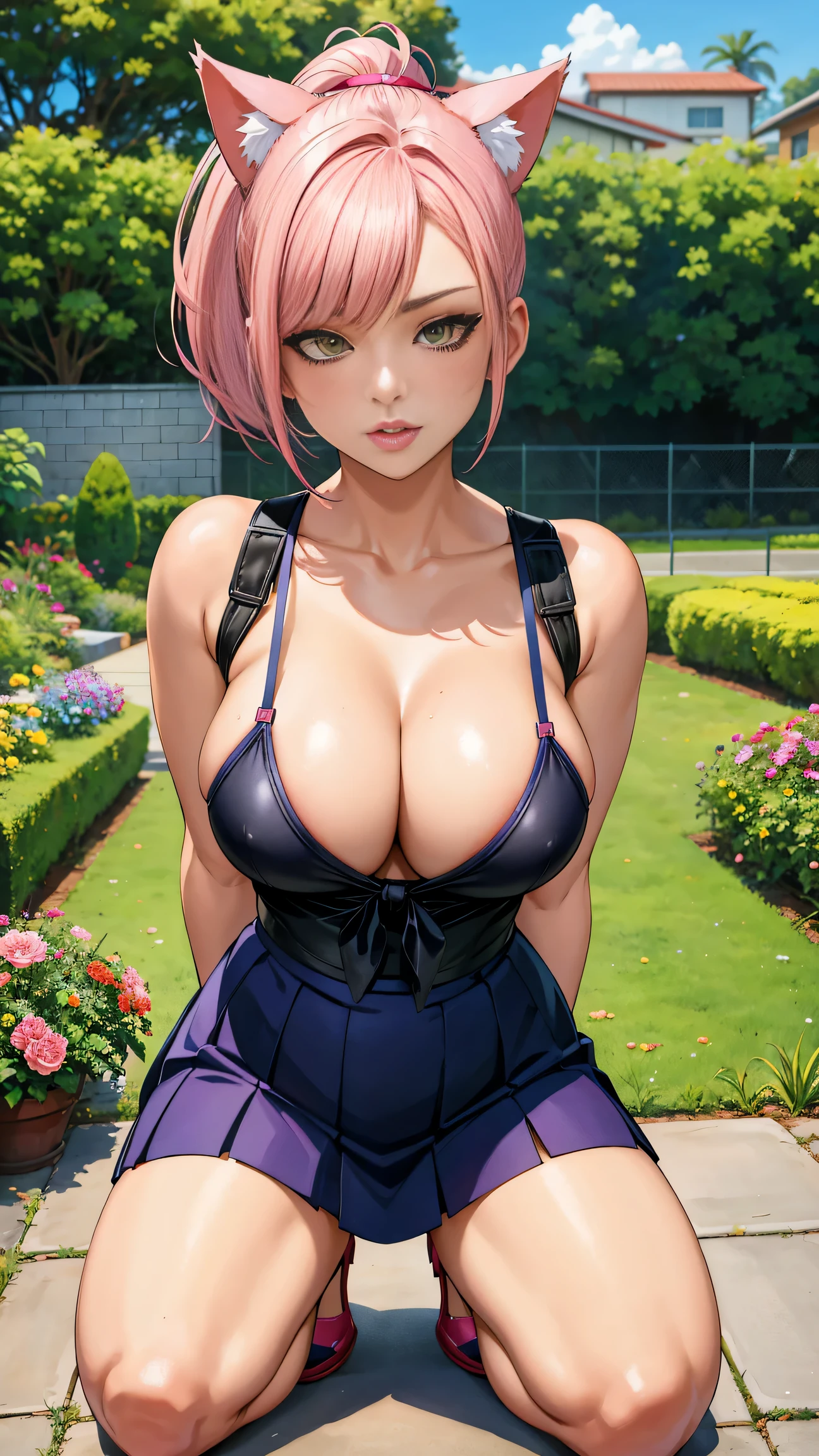 pink hair, ponytail, short hair, cat ears, cat tail,  outfit, tied top, cleavage, kneeling, in garden, flowers, fence, looking at viewer, thick thighs, (masterpiece), (best quality:1.2), absurdres, intricate details, (highly detailed skin:1.2),