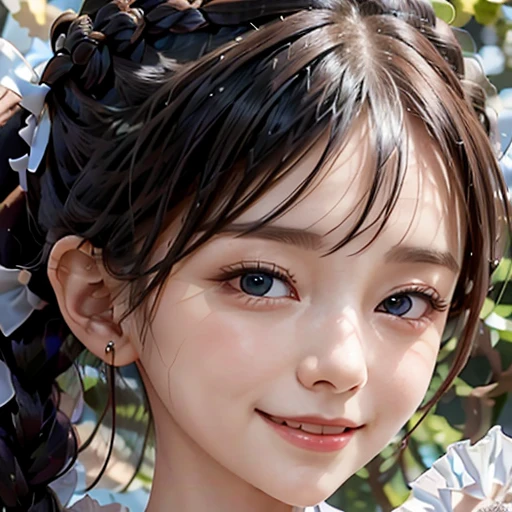 highest quality, ultra nothing, realistic, Photo of one beautiful woman, detailed face, black dutch braid with a twist, (detailed porcelain dolls,Delicate clothes with lots of frills and ribbons), Mansion Pool, (close up face), fascinating look, looking at the viewer, happy smile, Bright lighting,