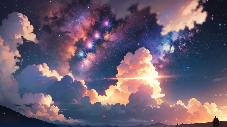 performer, milky way, cloud, anime key visual, Deep colors, Complex, Concept art in 8K resolution, Natural light, beautiful composition,