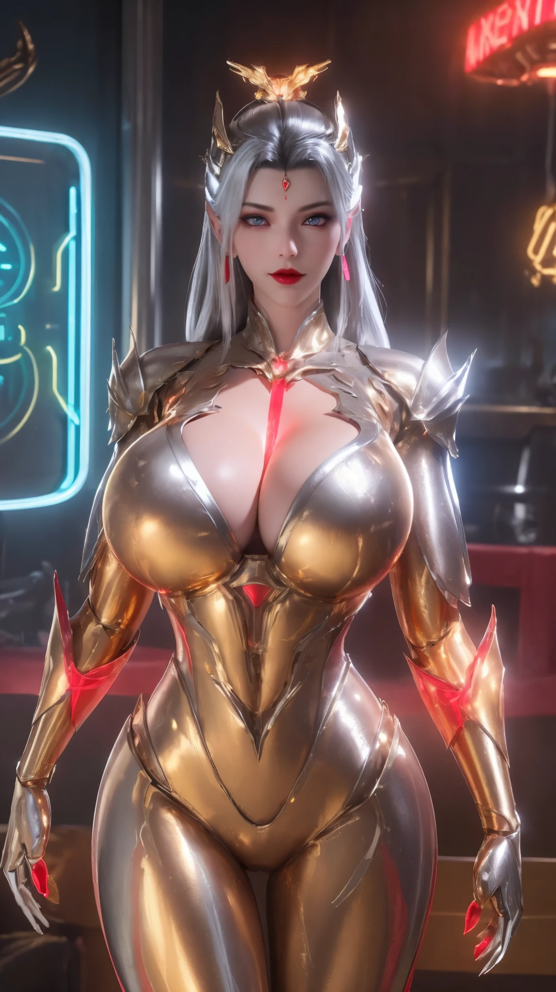 A BUSTY MILF, PORTRAIT,UPPER BODY,SOLO,(BEAUTY BLONDE HAIR, MECHA PHOENIX HELM), (MASSIVE FAKE BOOBIES,CLEAVAGE TOP,MUSCLE ABS:1.5), (((NEON LED RED, GOLDEN, SILVER) SHINY ROBOT MECHANICAL SEXY SKIMPY OUTFIT:1.5)),(CURVY VOLUPTUOUS BODY MATURE WOMAN:1.5), (SWEATY GLOSSY BODYSKIN:1.5), (LOOKING AT VIEWER:1.5),(BACKGROUND FUTURISTIC SPACE STATION:1), (PHOTOREALSITIC:1.4), (ULTRA-DETAILLIERT), (TOP-QUALITY), (BEST SHADOWS), BRIGHT LIGHT IN ROOM, HYPER TEXTURE, (4X MSAA), ((UNREAL ENGINE 5 RENDER)), PHYSICALLY-BASED RENDERING, ULTRA HIGHT DEFINITION, 16K, 1080P.