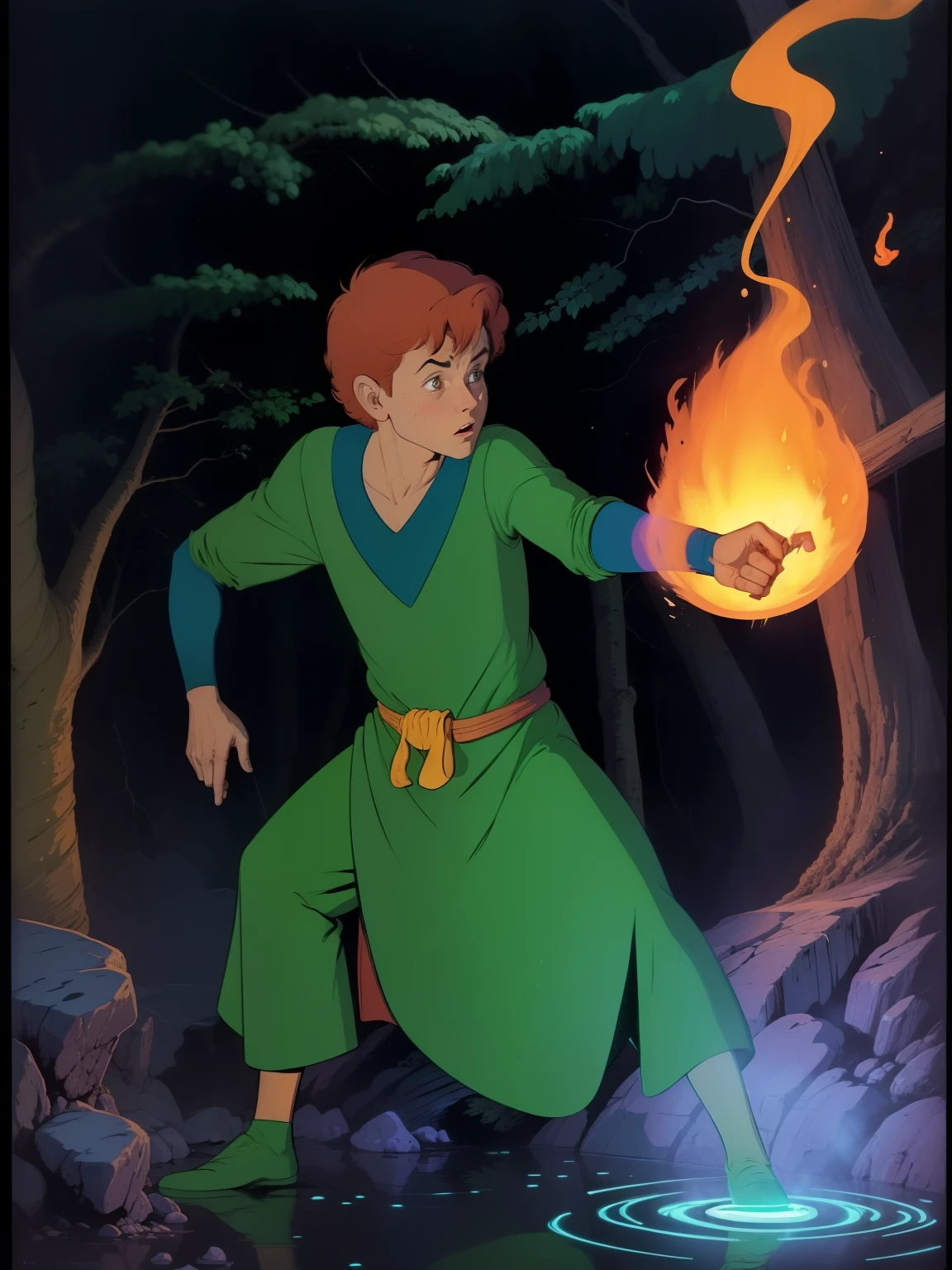 (((COMIC STYLE, CARTOON ART))). A mage boy in dynamic pose, ((Holding lighted magic hat)) . Half immersed in RIVER ON FOREST at night, spell . Full growth in the frame. higly detailed. D&D style . 