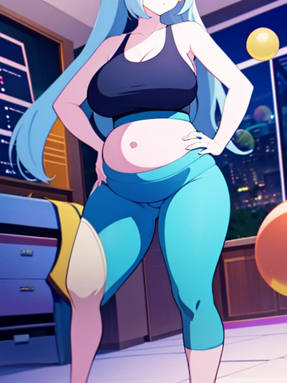 (Very high quality, detailed) n image of a full body pregnant girl with a round belly, long hair, very big breasts and a bubble butt. She's standing barefoot and wearing a sports bra, very thight leggins and glasses.