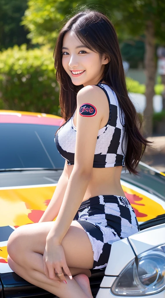 Highly detailed CG Unity 8K wallpaper, highest quality, Super detailed, masterpiece, realistic, photo realistic, Highly detailed cute girl, 25 years old, (whole bodyからつま先まで:1.4)、(whole body)、(whole body to toes)、(shot from the side)、(sitting on the hood of a car)、(lace queen)、
(Sponsored and wearing grid girl costume'logo is printed.:1.3), (shorts) , (sitting in a motorsport race), (cleavage), smile ,whole bodyショット ,(Side view)、(side shot)、(smile at the camera)、