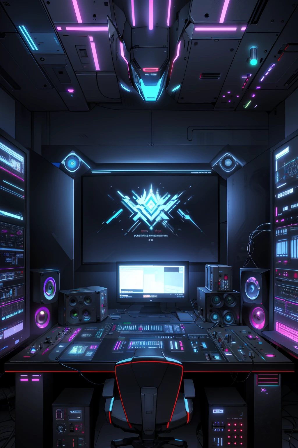 (Detailed and Intricate: 1080p, 4K, high resolution, Masterpiece: 1.1), ToxicPunkAI DJ Controller, a machine with sleek, metallic design and glowing neon accents, dominates a dimly lit studio. Synths of all shapes and sizes, some with pulsing lights and others steaming slightly, encircle the Controller. Wires of various colors crisscross the room, connecting the machine to each synthesizer and studio monitor. The Controller's dials and knobs, reflecting ToxicPunkAI's edgy aesthetic, are adorned with sharp lines, spikes, and riv