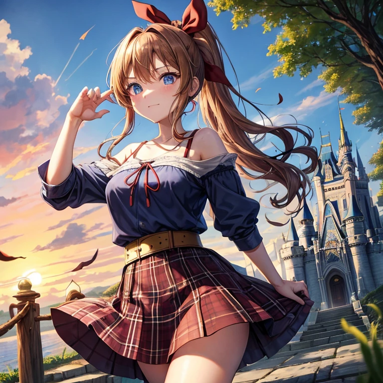 reddish-brown blonde、blue hair、blue eyes、ponytail、one good looking girl、solo、anime、Plaid miniskirt、camisole、black t-shirt、Tilting your face、Doing the ribbon、Ribbon at waist、sunset sky、broken stone steps、Remains、tunnel、Fallen leaves、Light and shadow、monster castle、One leg is raised、castle floating in the air、column、Jewelry box、flag、sparks fall、forest、Hand mirror、bondage、tall grass grows、cloak、circular cobblestone