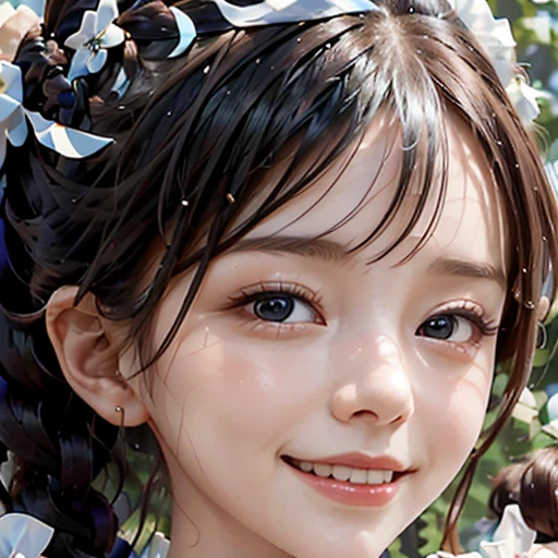 highest quality, ultra nothing, realistic, Photo of one beautiful woman, detailed face, black dutch braid with a twist, (detailed porcelain dolls,Delicate clothes with lots of frills and ribbons), Mansion Pool, (close up face), fascinating look, looking at the viewer, happy smile, Bright lighting,