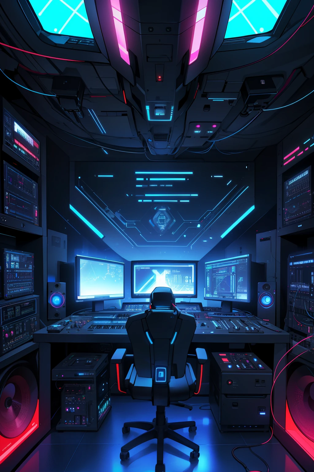 (Detailed and Intricate: 1080p, 4K, high resolution, Masterpiece: 1.1), ToxicPunkAI DJ Controller, a machine with sleek, metallic design and glowing neon accents, dominates a dimly lit studio. Synths of all shapes and sizes, some with pulsing lights and others steaming slightly, encircle the Controller. Wires of various colors crisscross the room, connecting the machine to each synthesizer and studio monitor. The Controller's dials and knobs, reflecting ToxicPunkAI's edgy aesthetic, are adorned with sharp lines, spikes, and riv