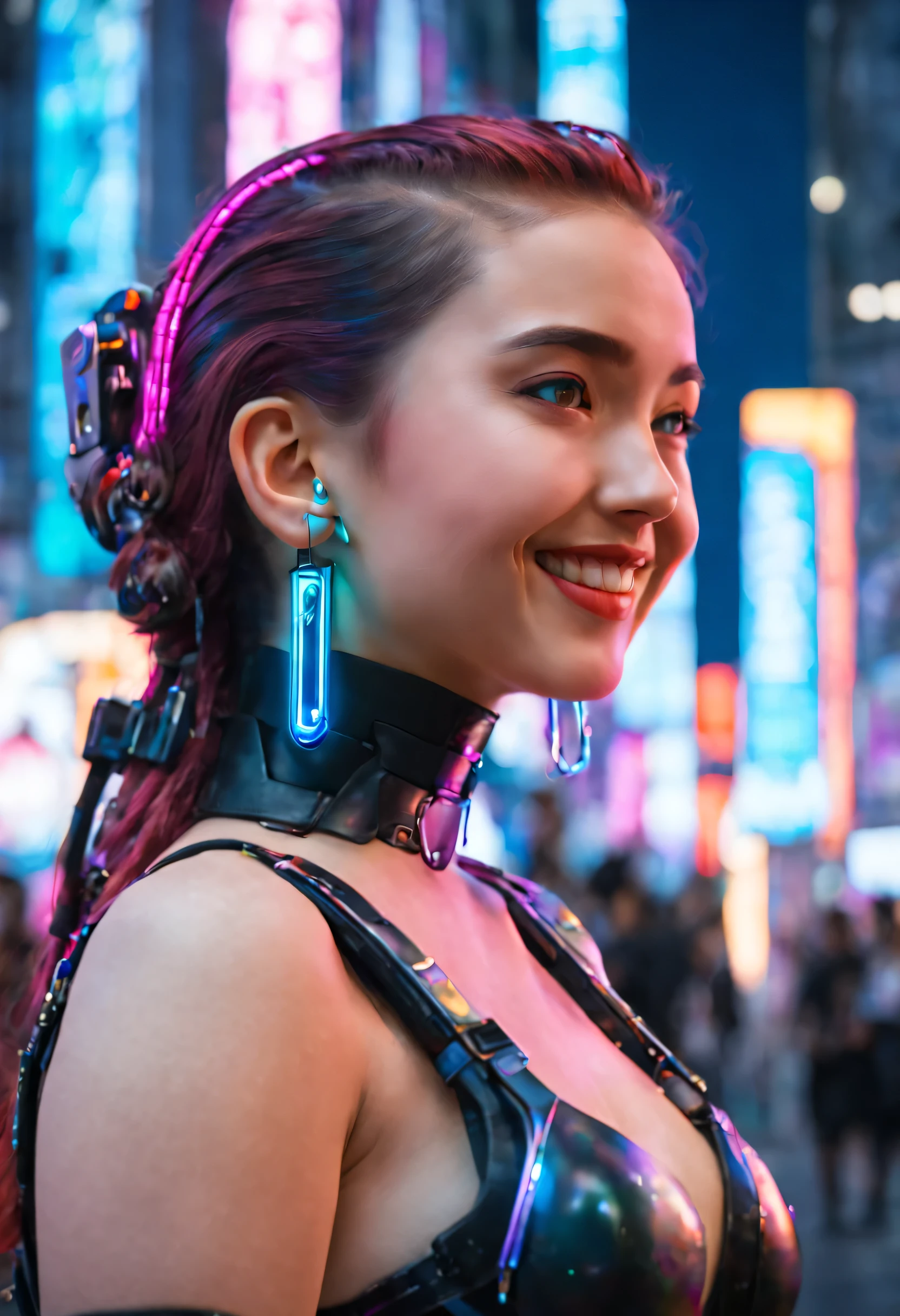 masterpiece, best quality, ((smiling)) cyberpunk girls standing, side view, Harajuku-inspired cyberpunk body harness, bold colors and patterns, eye-catching accessories, trendy and innovative hairstyle, dazzling Cyberpunk cityscape, skyscrapers, glowing neon signs, LED lights, anime illustration, detailed skin texture, detailed cloth texture, beautiful detailed face, intricate details, ultra detailed, cinematic lighting, strong contrast. INFO