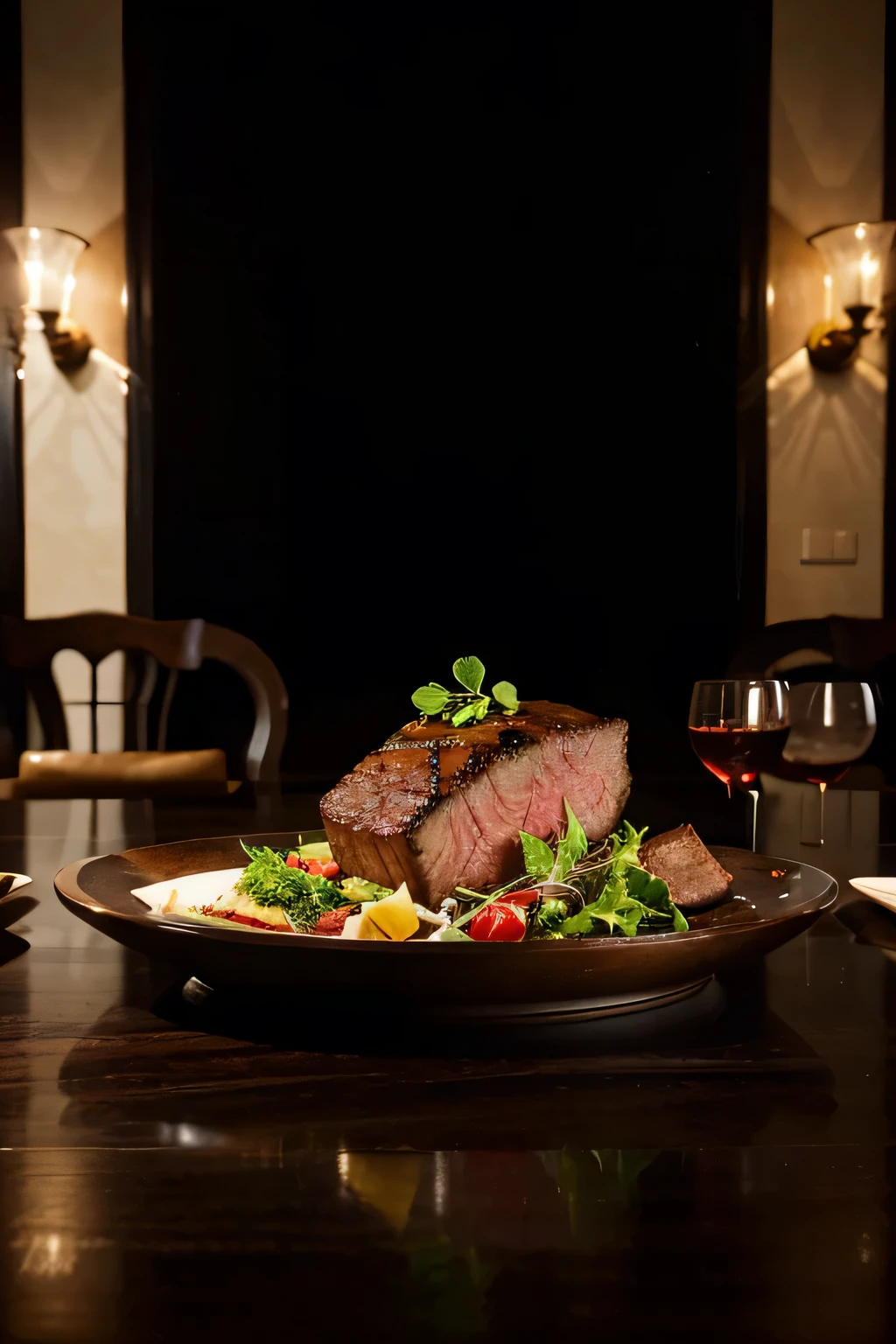 Hyper-realistic photography of a gourmet steak plate, Features steak that is perfectly cooked with richness., The outside was charred and the inside was juicy., Complemented with luxurious side dishes and condiments.. The setting should be an elegant dining table with elegant tableware and subtle lighting that enhances the texture and color of the food., Capturing the essence of a high-end culinary experience --v 6.0