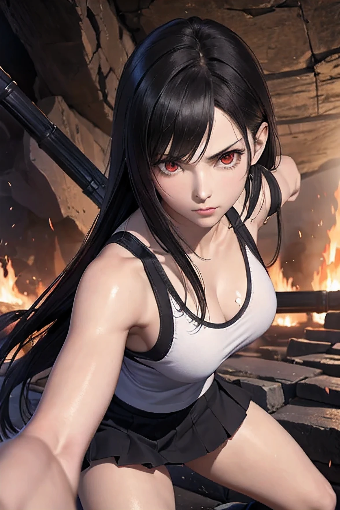 white tank top with black trim and black skirt, inside the cave, black long hair, the girl has true red eyes, tifa lockhart, The girl is 16 years old, beautiful skin, realistic anime, anime realism style, Output in 8K, highest quality,Natural light, professional lighting, shiny skin, silky skin, bonfire lighting, Looking over there, fighting pose, fight the monster, Girl vs Monster, Moonsault Kick