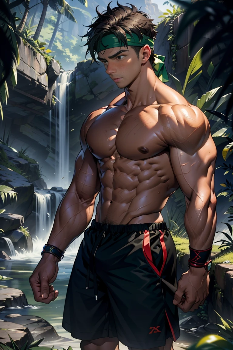 (Masterpiece, Best quality, 18 year old boy, 8k, ultra-detailed), (underneath, looking away, upper body, monolid eyes, thin lips), 1 boy, solo, Young, (ager), (Dark Short straight hair, under cut), black eyes, full bodyesbian, (Shirtless), topless, (Green headband), sandals, (Black shorts with loincloth), (Depth of field:1.2), (Abs), (chest), (upper arms), black wristband, (topless male), man with martial arts stance, athretic body, inside caves, (foggy, night), healing spell