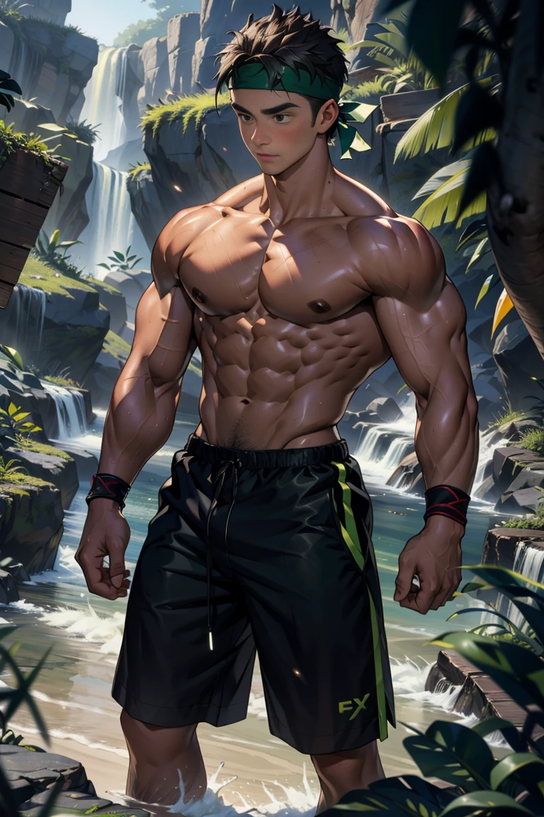 (Masterpiece, Best quality, 18 year old boy, 8k, ultra-detailed), (underneath, looking away, upper body, monolid eyes, thin lips), 1 boy, solo, Young, (ager), (Dark Short straight hair, under cut), black eyes, full bodyesbian, (Shirtless), topless, (Green headband), sandals, (Black shorts with loincloth), (Depth of field:1.2), (Abs), (chest), (upper arms), black wristband, (topless male), man with martial arts stance, athretic body, inside caves, (foggy, night), healing spell