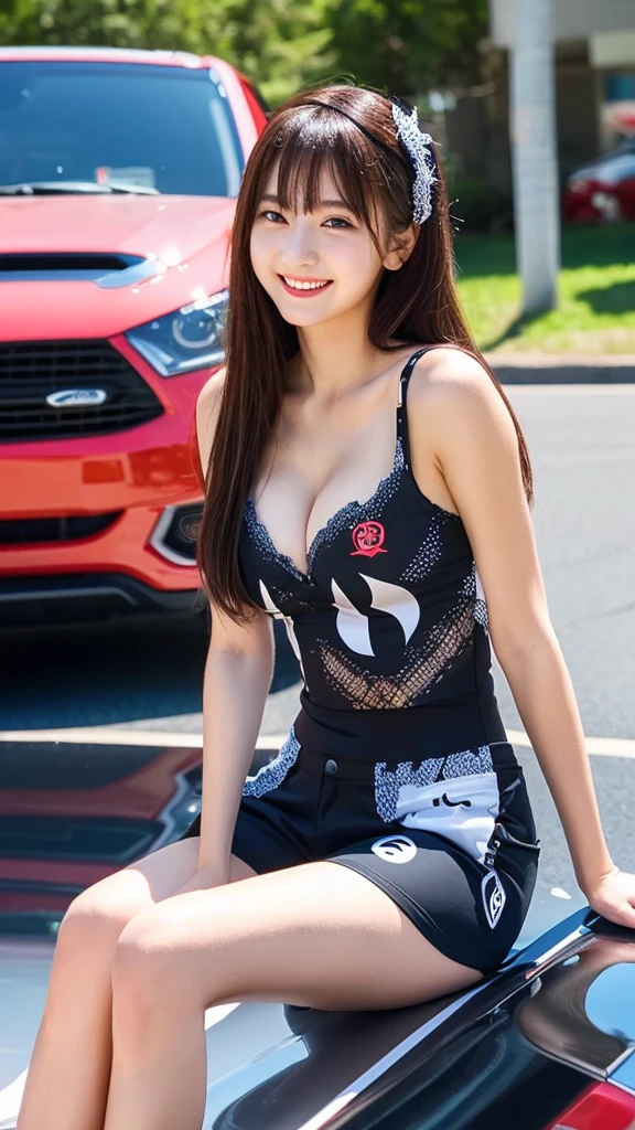 Highly detailed CG Unity 8K wallpaper, highest quality, Super detailed, masterpiece, realistic, photo realistic, Highly detailed cute girl, 25 years old, (whole bodyからつま先まで:1.4)、(whole body)、(whole body to toes)、(shot from the side)、(sitting on the hood of a car)、(lace queen)、
(Sponsored and wearing grid girl costume'logo is printed.:1.3), (shorts) , (sitting in a motorsport race), (cleavage), smile ,whole bodyショット ,(Side view)、(side shot)、(smile at the camera)、