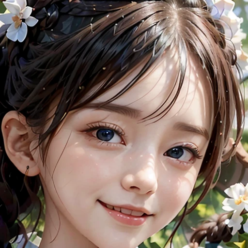 highest quality, ultra nothing, realistic, Photo of one beautiful woman, detailed face, black dutch braid with a twist, (detailed porcelain dolls,Delicate clothes with lots of frills and ribbons), Mansion Pool, (close up face), fascinating look, looking at the viewer, A happy loving smile, Bright lighting, 10 years old