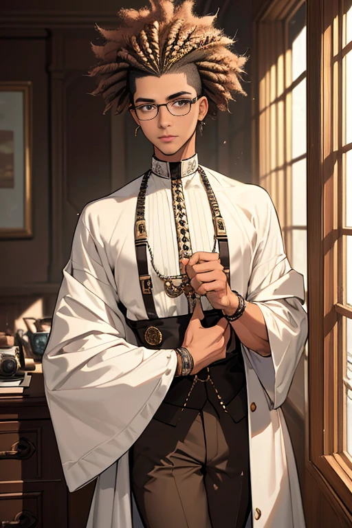 ((best quality)), ((masterpiece)), (detailed),High quality, Ultra detailed, best quality, insanely detailed, beautiful, masterpiece, afro hair, side shaved hair,male, professor,light light brown hair,chicano,wearing glasses,slim proportion,tall