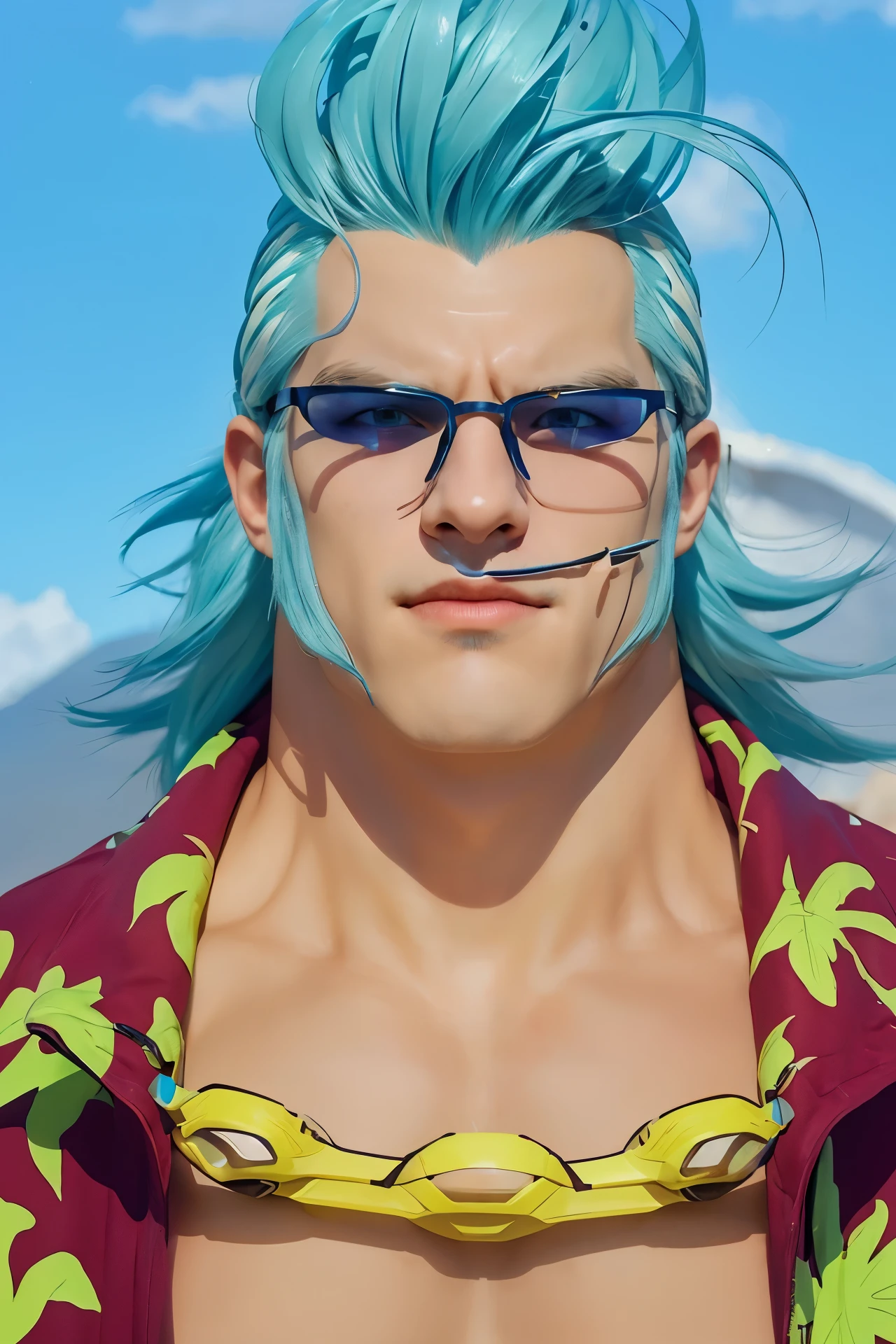 Real life adaption of this character, handsome man face, realistic same blue hair, realistic same glasses,there is plat iron covered his nose,there is a big gold chain In her chest, realistic same outfit, realistic shadow, realistic light,realism, hyper realistic, (photorealistic 1:2)
