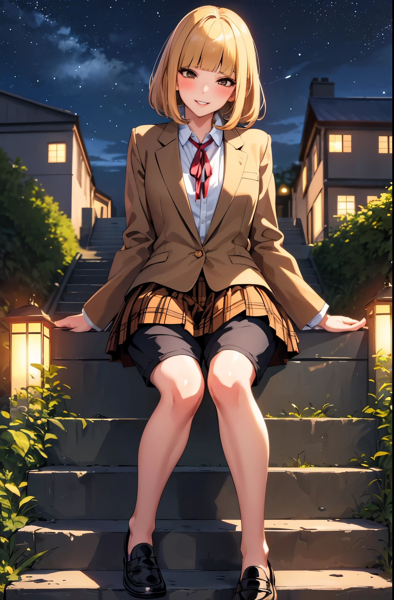 (masterpiece,best quality, detailed), 1girl, solo, outdoors, stairs, linked fence, night, from below, smile, parted lips, squinting, eyelashes, seductive smile, sitting, blush,
midorikawa hana, brown jacket, neck ribbon, collared shirt, school uniform, plaid skirt, (shorts, shorts under skirt), loafers