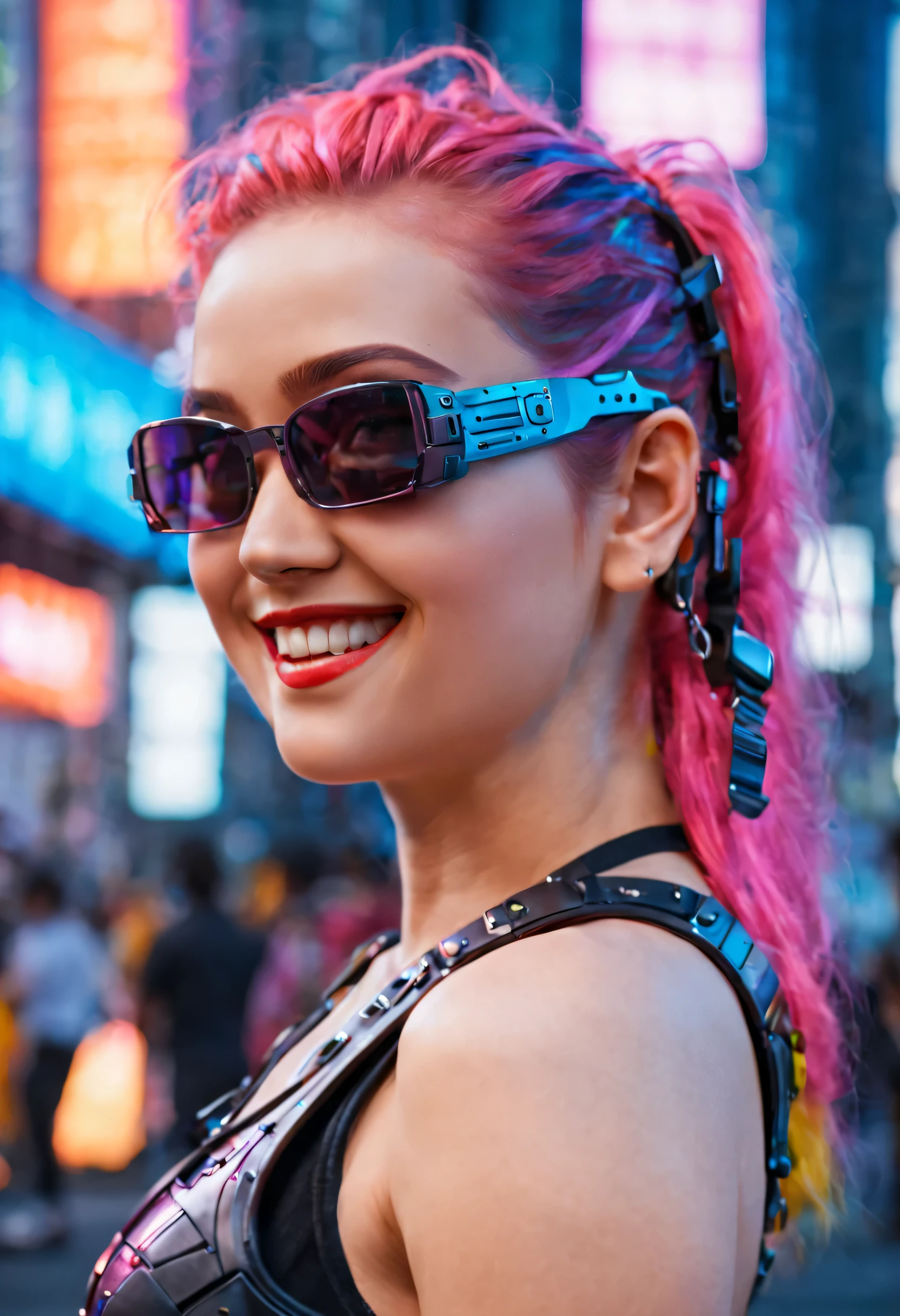 masterpiece, best quality, ((smiling)) cyberpunk girls standing, sunglasses, side view, Harajuku-inspired cyberpunk body harness, bold colors and patterns, eye-catching accessories, trendy and innovative hairstyle, dazzling Cyberpunk cityscape, skyscrapers, glowing neon signs, LED lights, anime illustration, detailed skin texture, detailed cloth texture, beautiful detailed face, intricate details, ultra detailed, cinematic lighting, strong contrast. INFO