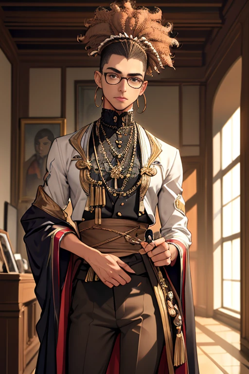 ((best quality)), ((masterpiece)), (detailed),High quality, Ultra detailed, best quality, insanely detailed, beautiful, masterpiece, afro hair, side shaved hair,male, professor,light light brown hair,chicano,wearing glasses,slim proportion,tall