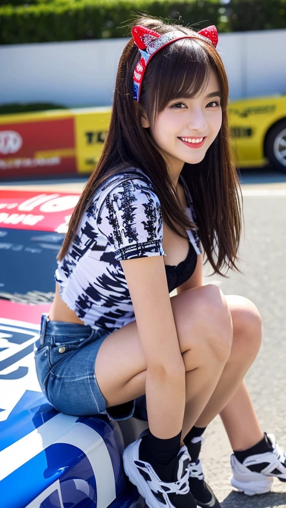 Highly detailed CG Unity 8K wallpaper, highest quality, Super detailed, masterpiece, realistic, photo realistic, Highly detailed cute girl, 25 years old, (whole bodyからつま先まで:1.4)、(whole body)、(whole body to toes)、(shot from the side)、(sitting on the hood of a car)、(lace queen)、
(Sponsored and wearing grid girl costume'logo is printed.:1.3), (shorts) , (sitting in a motorsport race), (cleavage), smile ,whole bodyショット ,(Side view)、(side shot)、(smile at the camera)、