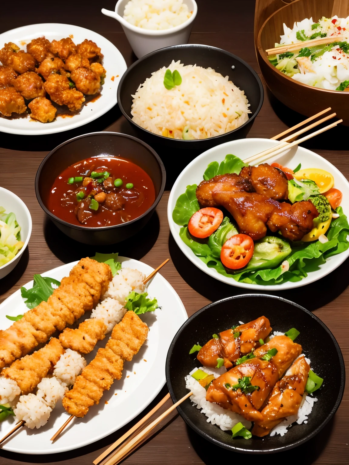 japanese food, Fried Chicken、Yakitori skewers、cooked rice、salad、