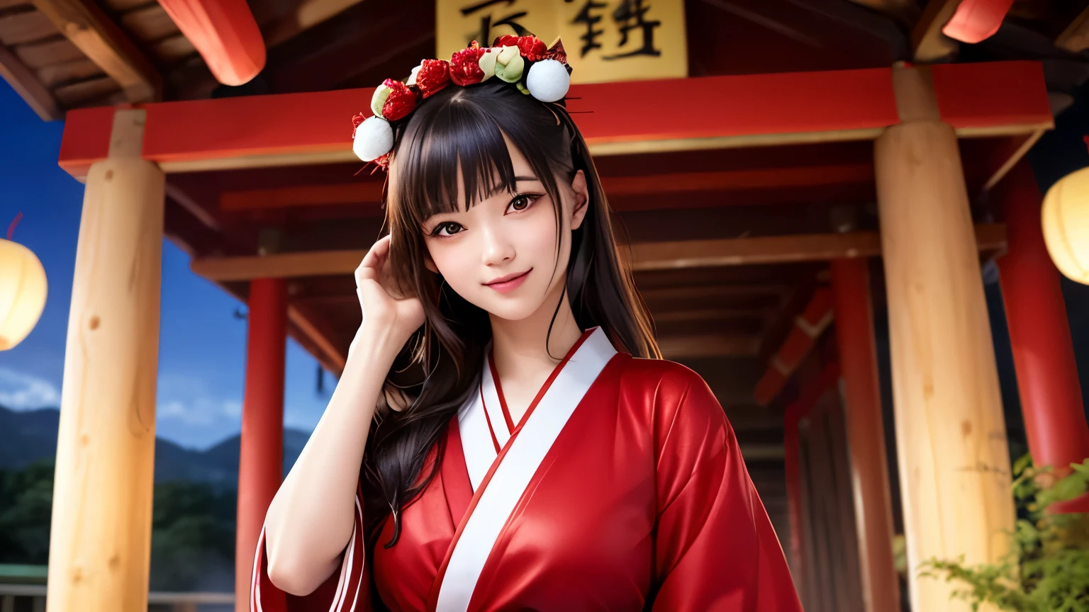 1 girl,Miko (shrine maiden costume, Scarlet long hakama, lots of head accessories:1.5) (cute, we say, smile, real face, Big eyes:1.4) listen straight, black hair, long hair, ponytail, cowboy shot, smile, big breasts, I'm looking forward to (At the shrine, At night, Japanese paper lanterns in the background:1.4) break japanese, japanese idol, black eye, (highest quality, ultra high resolution, realistic, RAW photo, real person, portrait photography, realistic, fine skin, Fair skin, beautiful and fine eyes)