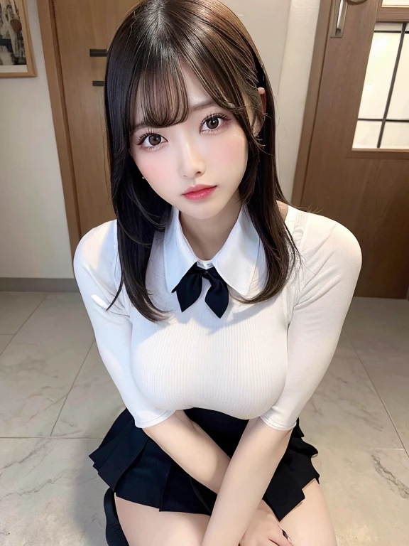 ((masterpiece)), (realistic: 1.2) masterpiece, 最high quality, high quality，High resolution，white skin，perfect body, 最high quality, ultra detail，big breasts，show your skin，stick out one&#39;s butt，Show cleavage, Mature，beautiful, black hair， long hair， With bangs，school uniform，over knee socks，glowing skin，Bewitching，thighs，foot, very detailed, parted lips