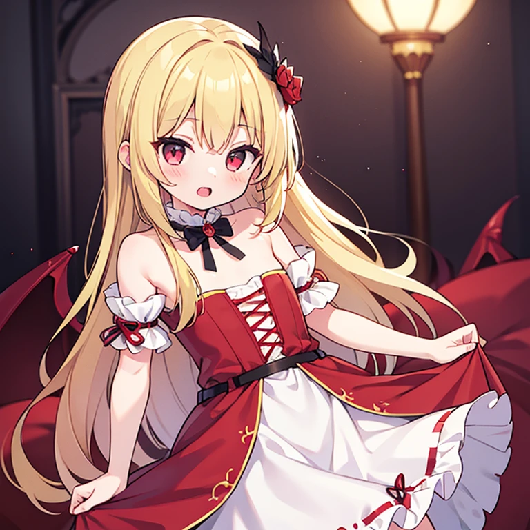 young girl,short,blonde long hair,vampire,crimson eyes,tooth,red,dress,flat chest,cute,confident look