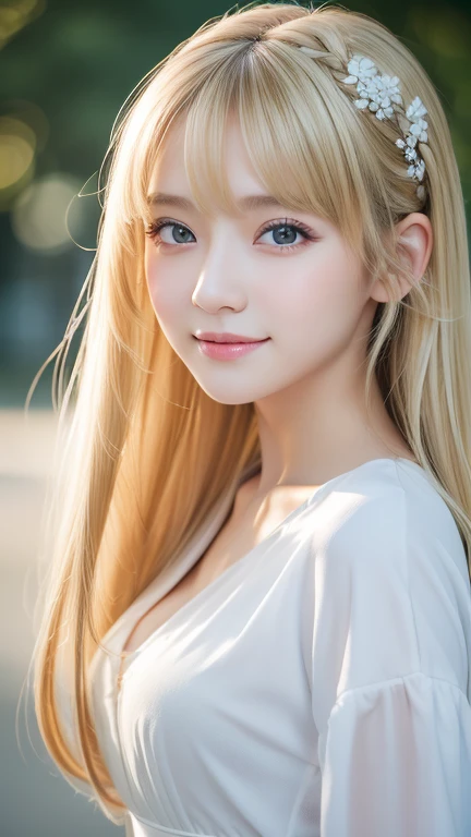 Live shooting、(((Portrait of extreme beauty)))、((shining white skin))、1 girl、15 years old cute beautiful girl、((Shiny light natural blonde hair))、[blue eyes]、silky thin hair、straight long hair、eyeliner、bangs、hair between eyes、dancing hair、A sloppy smile、((masterpiece、最high quality、Super detailed、film light、High resolution、very detailed))、detailed background、8K UHD、digital single lens reflex、soft light、high quality、depth of field is shallow、Natural light、（perfect hands）、perfect beautiful beautiful face、Maid clothes