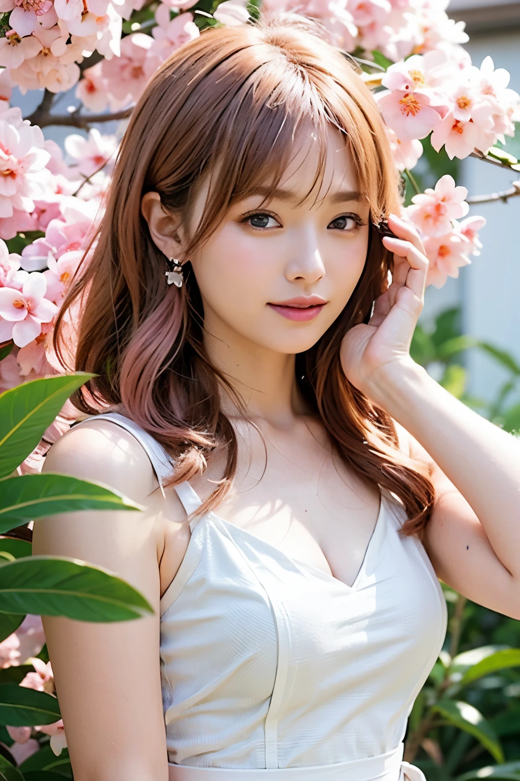 Light pink hair, pink eyes, pink and white, sakura leafs, vivid colors, white dress, paint splash, simple background, ray tracing, wavy hair