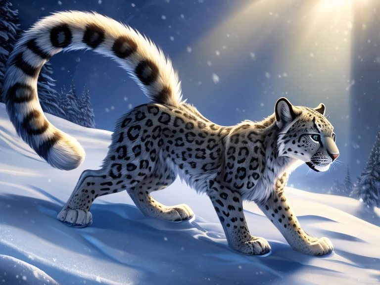 Animal focus, three-quarters view, wild fur, raised tail, large eyes, pupils, paws, Snow leopard,  (symmetrical, knot, anatomically correct, animal, masterpiece, best quality, Detailed winter background, detailed fur, god rays, high details, cinematic lighting