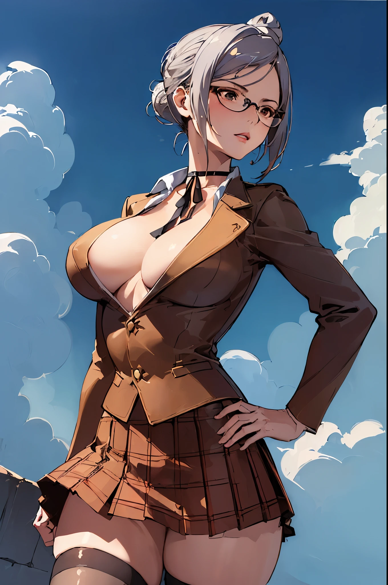 ((masterpiece,best quality, detailed)), ultra-detailed, detailed hair, hard rim lighting,((dramatic lighting)),sharp focus,
blue sky, clouds, from below, cowboy shot,
shiraki meiko, school uniform, hair bun, glasses, black thighhighs, plaid skirt, ribbon choker, brown jacket