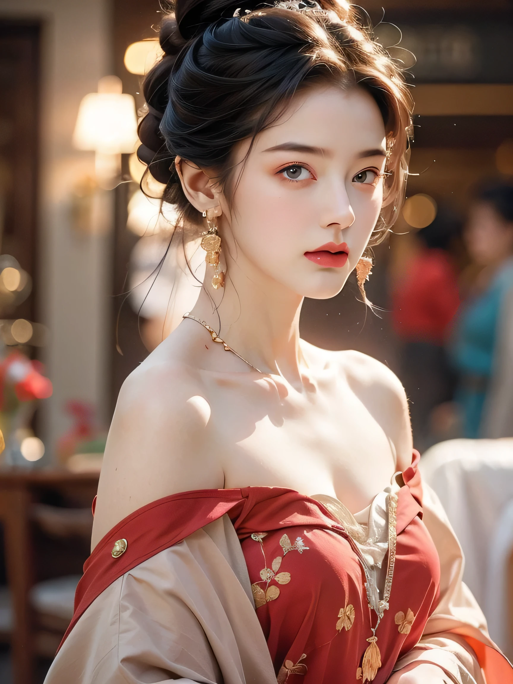 Best Quality, Masterpiece, Ultra High Resolution, (Realisticity: 1.4), Original Photo, 1girl, Pink Off-the-Shoulder, Cinematic Lighting,the whole body