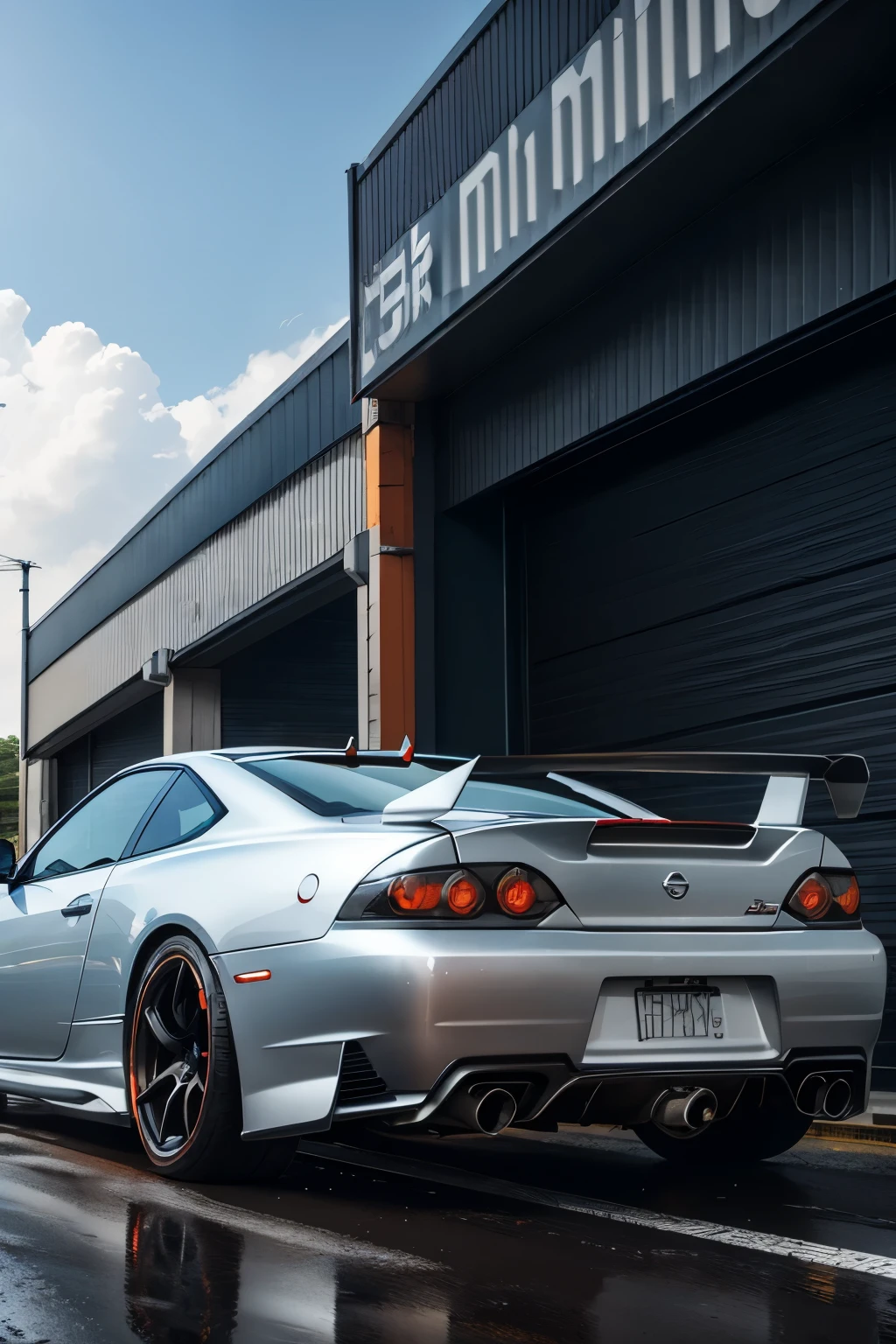 A silver Nissan Silvia S15 with black wheels and a red roll cage, driven by a focused and determined drifter wearing a helmet and gloves, drifts exquisitely on a wet asphalt road in an industrial area. The number 5 is proudly displayed on the doors and the bonnet, while logos of Nissan, Yokohama, and HKS adorn the sides of the vehicle. The car is angled sharply to the right, as if expertly weaving through a tight corner, with its rear tires spinning and emitting plumes of smoke and water droplets. The sky hangs heavy with an overcast and darkened canvas, mirrored in the