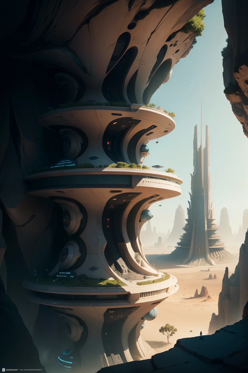 Futuristic masterpiece in the heart of the desert, a luxury residential beehive pod architecture design boasts an awe-inspiring view of an ancient epic clay tower. The black mecha, a cyber punk persona, observes this martian architecture from upstairs, balconies extending from the futuristic structure. Unravel the mysteries of this surreal landscape with intricate, detailed, and realistic instagram photos captured on an iPhone. Beeple and Jean Giraud's alien architecture unfolds before our eyes, where the futuristic church and futuristic tower come together as unique, trending designs on ArtStation.
Cave centric architecture styles come alive through the ingenious work