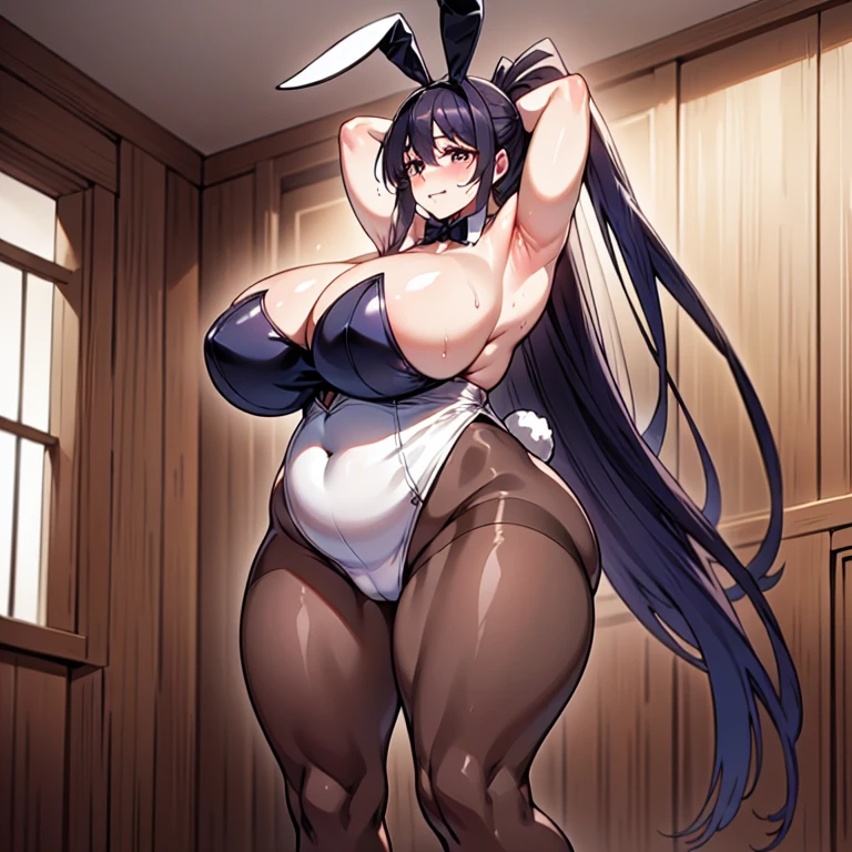 mujer madura, akeno, cabello corto, cabello negro, orange ribbon in hair, bunny suit, pechos gigantes,( pezones marcados en el bunny suit), labios, Cara traviesa, ruborizada ,ciudad medieval, Nube, maternal, panza de embarazo, cansada, sudorosa, grueso, standing, piernas abiertas, arms up ( wet). En un cuarto
