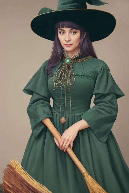 Naughty Witch, smile, Mysterious atmosphere, Dressed in a dark green velvet dress to match the hat with gold trim, In the hands of a broom, Detailed study, High quality