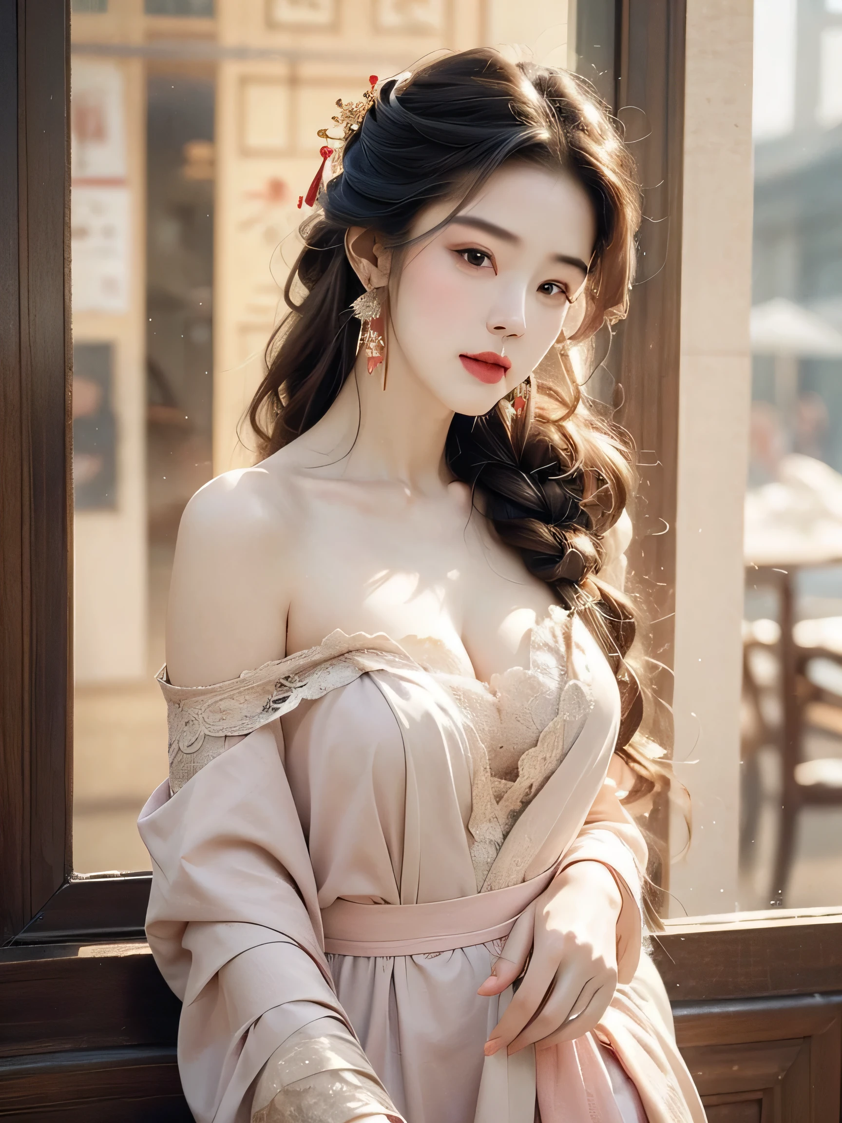 Best Quality, Masterpiece, Ultra High Resolution, (Realisticity: 1.4), Original Photo, 1girl, Pink Off-the-Shoulder, Cinematic Lighting,the whole body,Full body (1:3), chest straight, (from the outside) (shiny skin), many colors, best quality, masterpiece, realistic photos, complex details, RAW photos, court, Gorgeous cheongsam in many colors, extra long hair, off shoulder, delicate face, exposed cleavage, decoration, standing by the window, cheongsam, lace, clothing exposed, decoration, revealing thighs, front close-up, looking at the camera